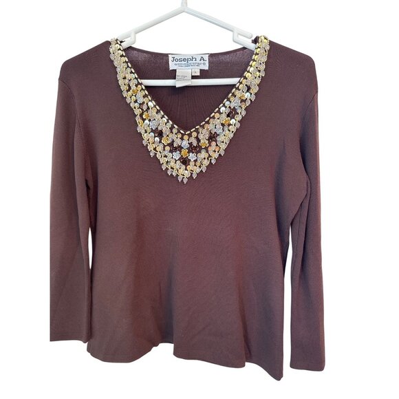Joseph A. Brown Knit Top L Embellished V-Neckline 3/4 Sleeve Stretch Christmas - Picture 1 of 6